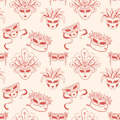 Seamless pattern of hand drawn masks for carnival