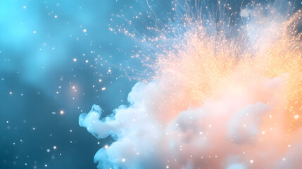 Abstract explosion of glowing golden sparks and soft white smoke against a dreamy blue background perfect for futuristic concepts and creative digital designs. Selective focus