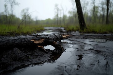 Misty landscape with fallen log reflective water