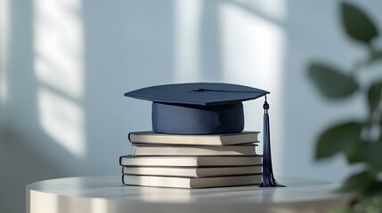 Navy blue graduation mortarboard rests atop stacked books, symbolizing academic achievement with tassel detail and window light shadow effects in minimalist style.