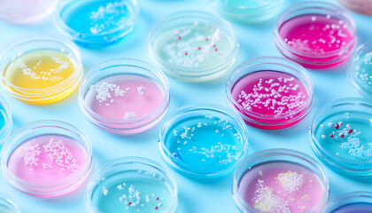 Petri dishes with different bacteria colonies on light blue background, closeup
