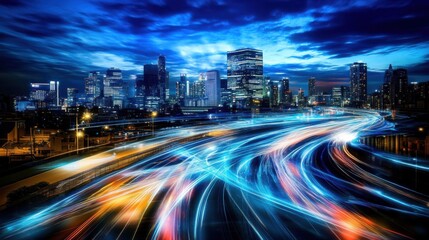 Fototapeta premium A city skyline illuminated by interconnected light trails of data, Urban connectivity scene, Contemporary style