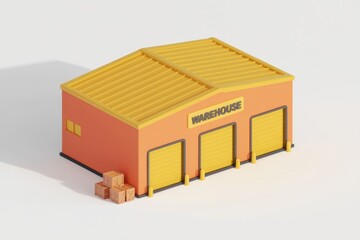 A simple 3D rendering of an orange warehouse with yellow doors and wooden crates.