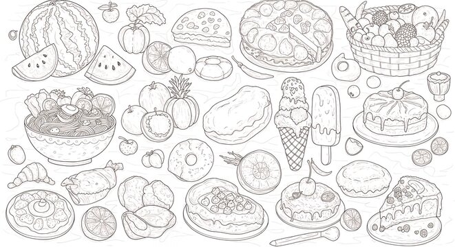 Delicious Food Doodle Collection Line Art Illustration