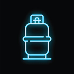 Blue glowing neon line camping gas icon isolated on black background