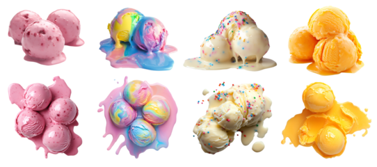 Set of pile stack of melt melting Ice cream scoop balls, top front view on transparent cutout PNG. Many different flavour, Rainbow, sprinkle vanilla, orange, grape. Mockup template for artwork design