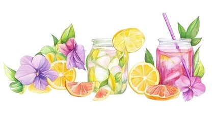 Vibrant watercolor illustration of refreshing citrus drinks with flowers and fruits, perfect for summer designs