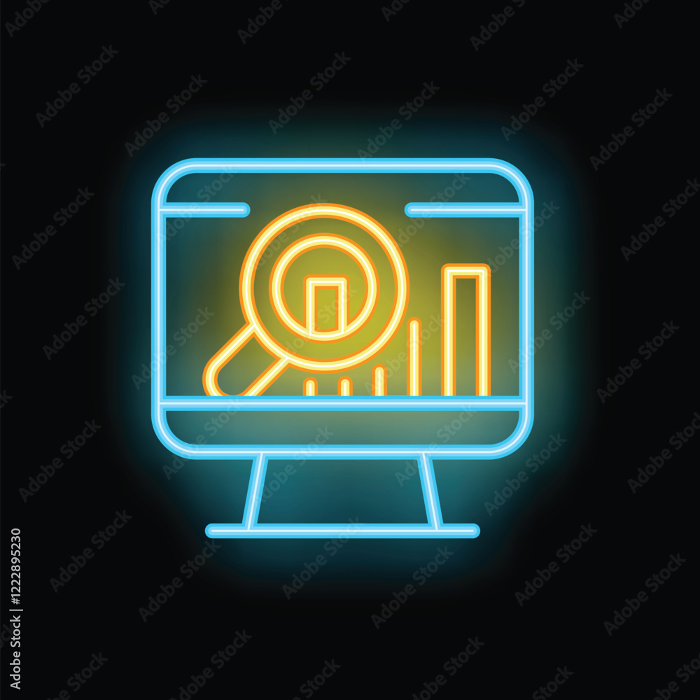 Poster neon icon of a magnifying glass analyzing data charts on a computer screen, representing online rese