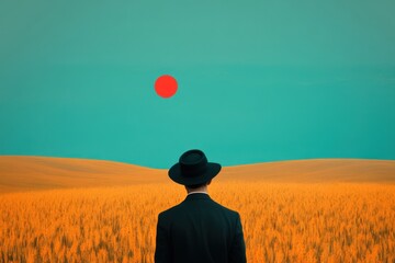 Man in hat standing in surreal field with bright red sun