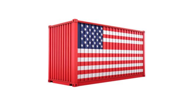 Red Shipping Container with American Flag Design Isolated on Transparent Background