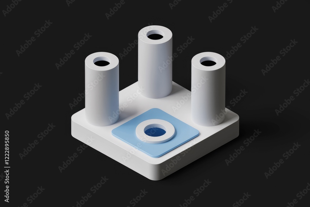 Poster abstract 3d rendering of three white cylinders on a square base with a blue inset circle.