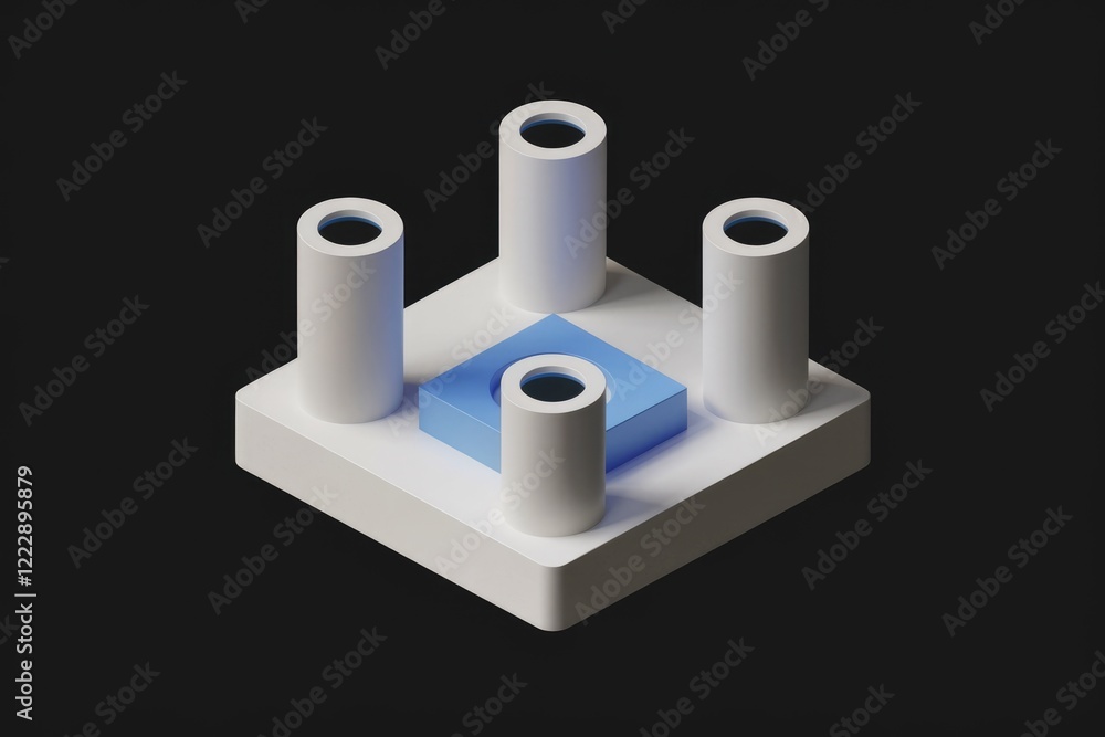 Poster abstract 3d rendering of geometric shapes, white cylinders on a square base with a blue center piece