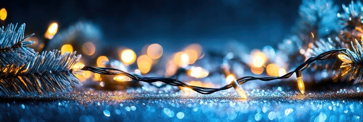 Festive garland with illuminated warm yellow christmas lights on blue background