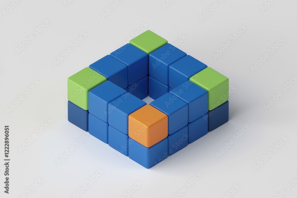 Poster colorful cubes arranged in a square shape with a central void, showcasing 3d geometric design.