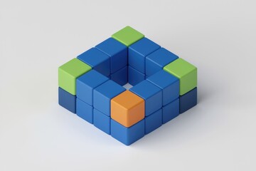 Obraz premium Colorful cubes arranged in a square shape with a central void, showcasing 3D geometric design.