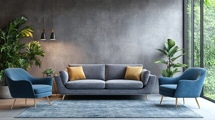 A gray couch and two blue chairs on top of a rug next to plants.