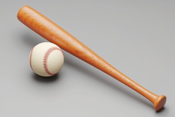 Wooden baseball bat and ball on a gray background, ready for the game.