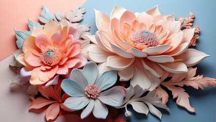 A vibrant arrangement of two large, stylized flowers in soft pastel colors.