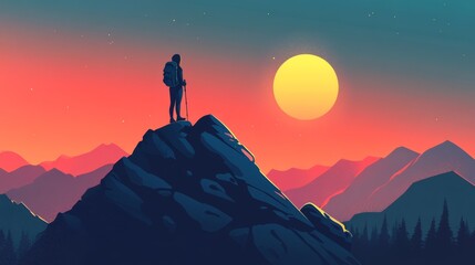 illustration of a hiker woman standing on the top of a mountain at sunset lookingtothe horizon