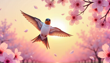 Elegant swallow mid-flight under pastel sunset, symbol of spring