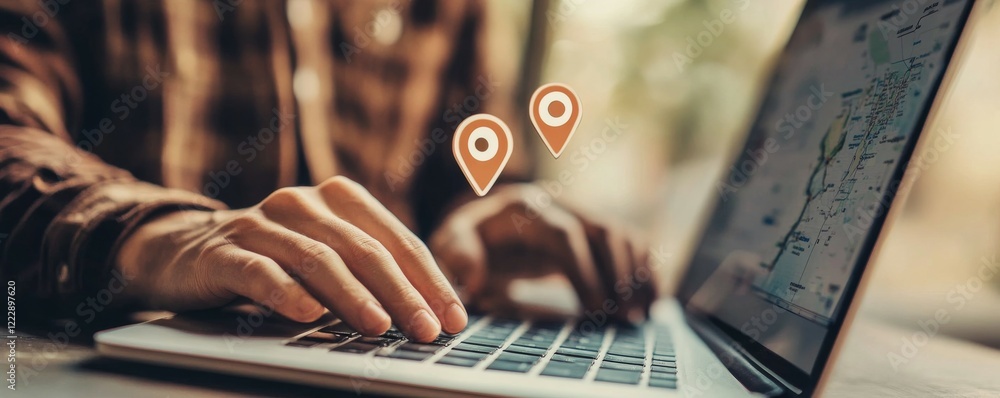 Aufkleber man typing in laptop with location marker and map.