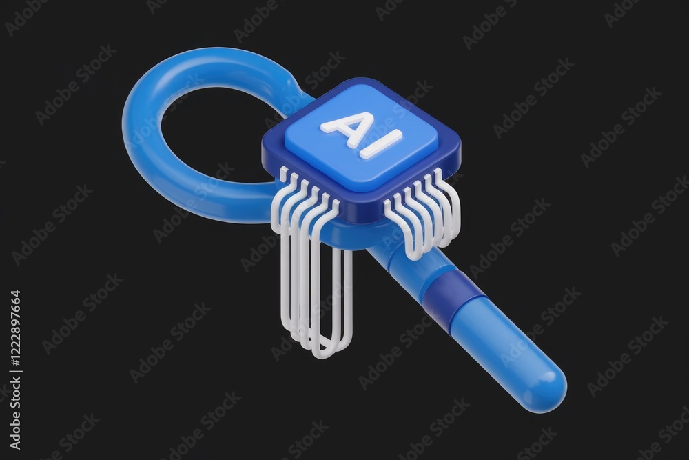 Poster ai-powered search engine concept, 3d rendering of a stylized magnifying glass with ai chip.