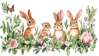 Obraz premium Four adorable rabbits nestled among vibrant flowers and greenery, with a butterfly fluttering above
