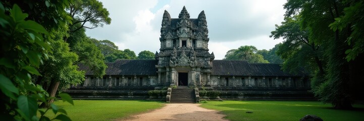 Imposing Tikal temple, weathered facade, jungle backdrop , vertical, pyramid