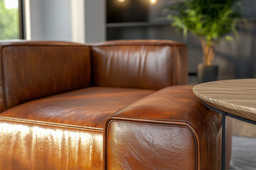 Cozy modern interior featuring a stylish leather armchair and a wooden side table in a bright room