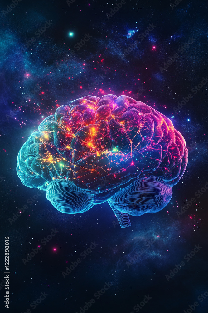 Poster Neon glowing brain with colorful neural network on a cosmic space background