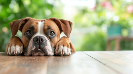 A serene scene of a boxer dog resting on a wooden table surrounded by green plants, capturing the essence of comfort, relaxation, and companionship in nature.