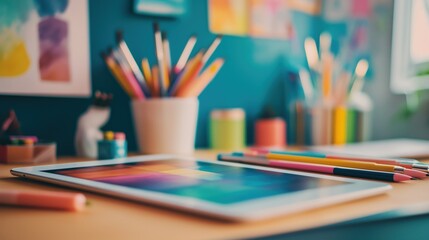 Creative Workspace with Artistic Supplies and Tablet