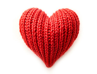 Knitted heart made of red wool threads. light white background.
