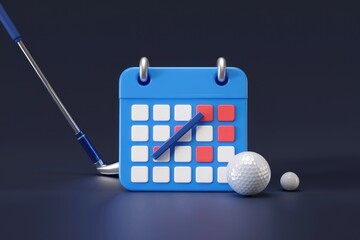 Golf schedule reminder: Blue calendar with golf club and balls, symbolizing upcoming golf game.