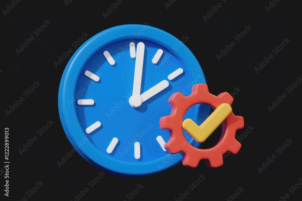 Poster a 3d rendering of a blue clock and a red gear with a yellow checkmark, symbolizing on-time task comp
