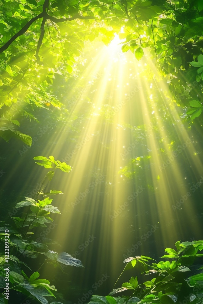 Poster sunrays through canopy, serene forest setting bathed in warm, dappled sunlight and bokeh effect