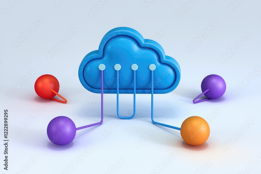 Poster a 3d rendering showing cloud computing concept with colorful spheres representing connected devices.