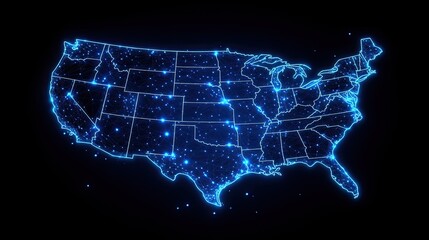 A glowing, digital representation of the United States map,