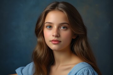 Naklejka premium arafed portrait of a young girl with long hair and blue dress