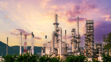 Fototapeta premium Oil refinery gas petrol plant industry with crude tank, gasoline supply and chemical factory. Petroleum barrel fuel heavy industry oil refinery manufacturing factory plant. Refinery industry concept