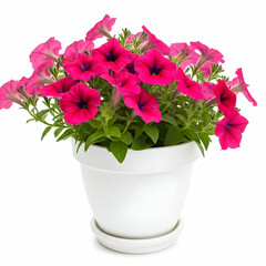 Dark pink petunia flowers in white pot isolated on white background