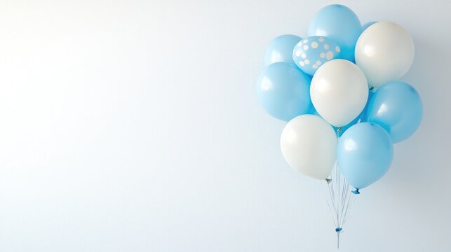 Blue and white balloons float against a light blue wall; celebration