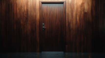 Obraz premium A stunning wooden door stands prominently against a richly textured wooden wall, creating an inviting yet subdued atmosphere that speaks of sophistication and elegance.