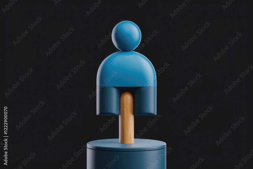 Poster abstract 3d rendering of a stylized person figure with blue and wooden elements on a dark background