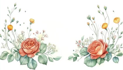 Beautiful watercolor floral arrangement featuring roses and wildflowers on a white background