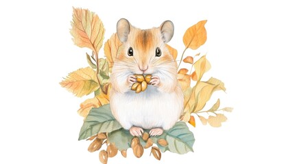 A cute hamster holding a nut surrounded by autumn leaves, showcasing a peaceful nature scene