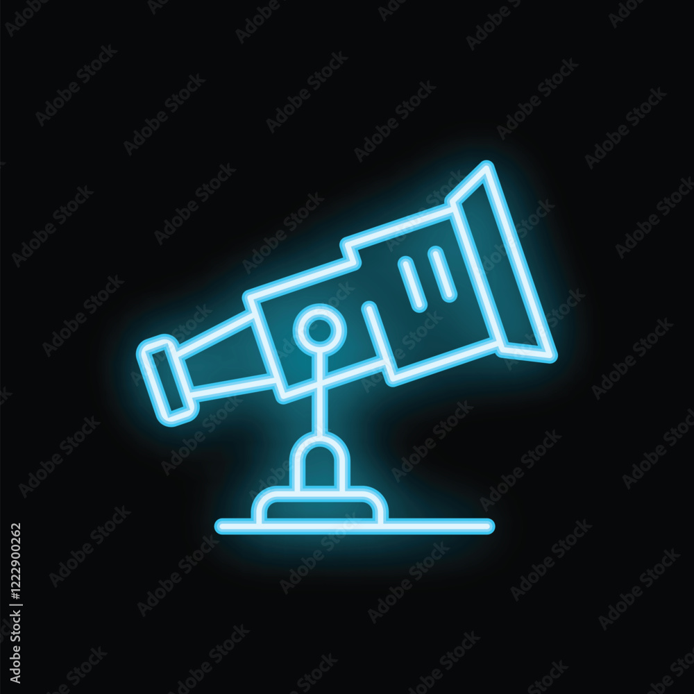 Poster blue neon icon of a telescope standing on a base, representing astronomy and observation of celestia