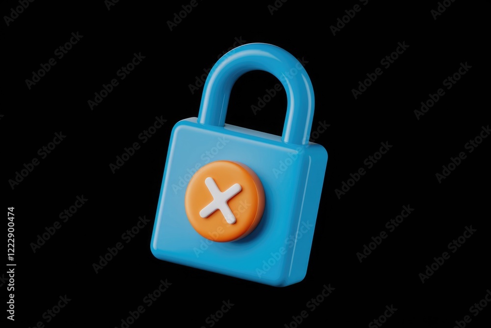 Poster 3d rendering of a blue padlock with an orange x, signifying deactivated security or access denied.