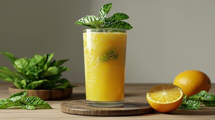 Orange drink in a glass with mint leaves next to cut fruit for a healthy treat