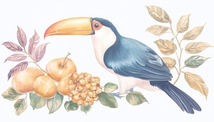 Colorful toucan perched among ripe fruits and leaves, showcasing vibrant nature in a serene setting